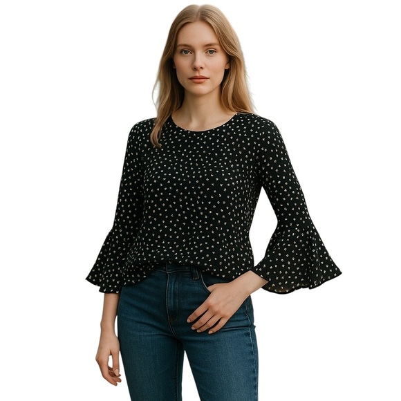 Women’s Free People Anthropologie Black and White Ruched Bell Sleeve - Picture 1 of 4